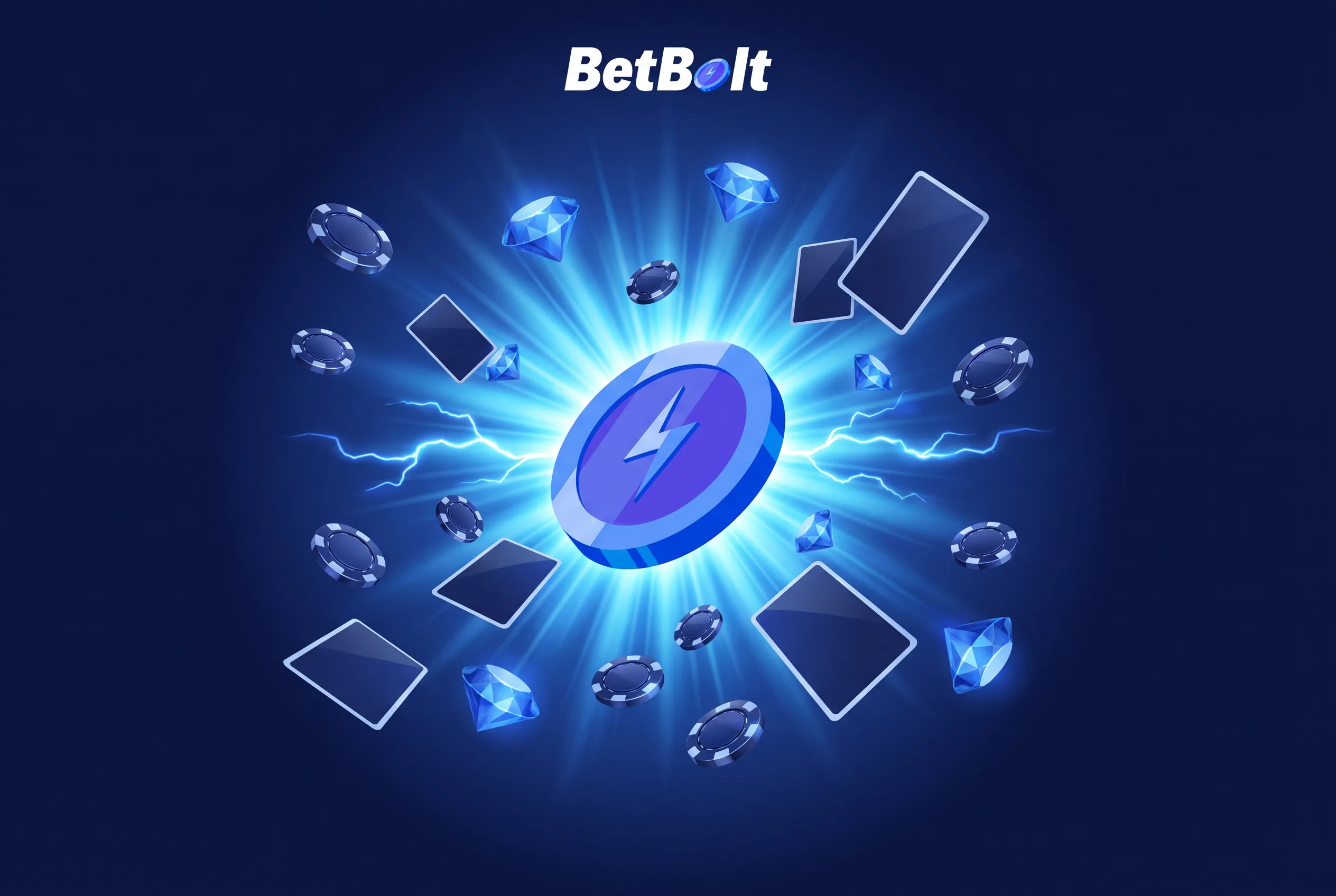BetBolt rewards coin surrounded by chips and diamonds